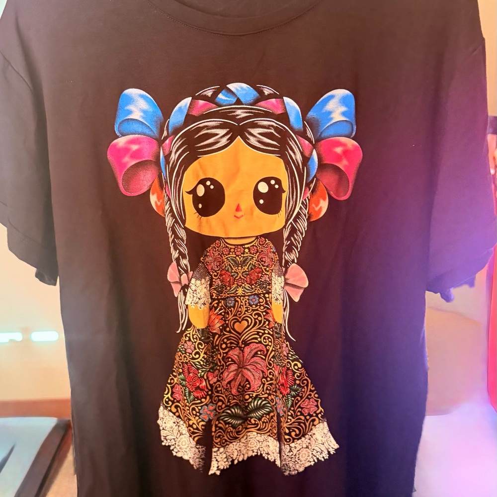 Black Graphic Tee with Colorful Doll Print